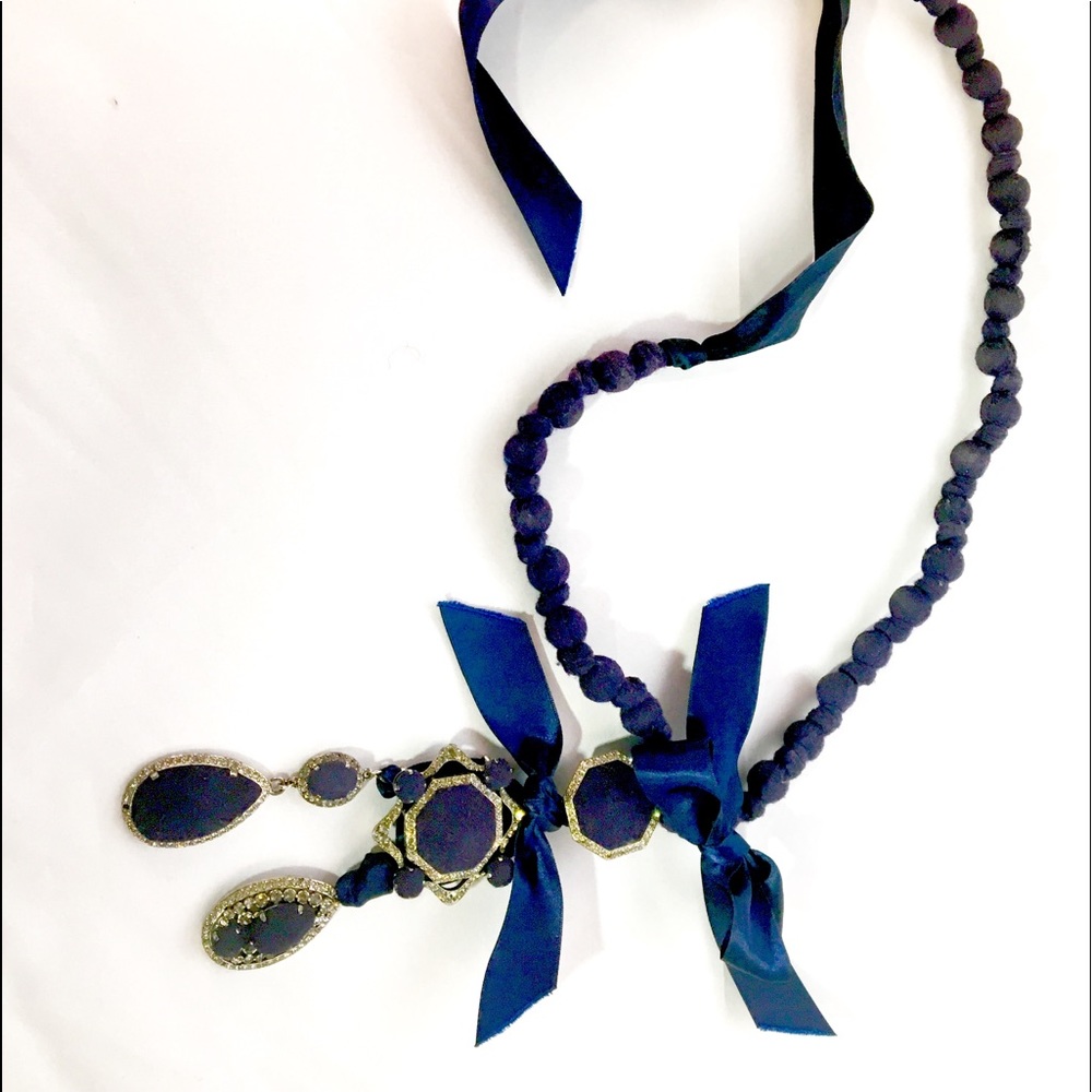 Lanvin 2008 Navy wool/pearl/crystal necklace